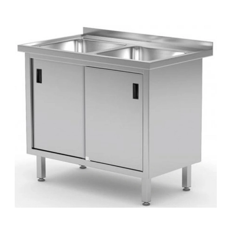 Hendi welded two sink table with sliding door cabinet 1000x600x850mm