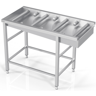 Stalas prie indaplovės su pusiniais ir pilnais ritinėliais, rėmu modulinėm lentynom PM0-PM0-100/70/90